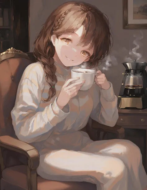 masterpiece, best quality,1girl, solo, long hair, cup, holding, brown hair, braid, holding cup, long sleeves, smile, steam, sitt...