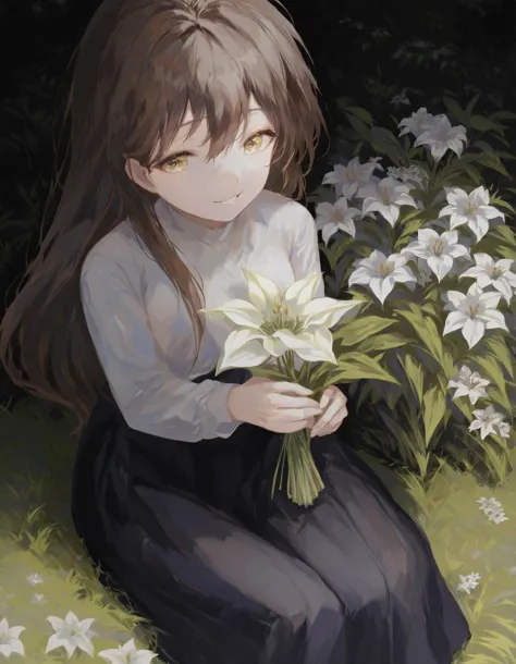 masterpiece, best quality,1girl, solo, long hair, flower, holding, holding flower, long sleeves, sitting, looking at viewer, shi...