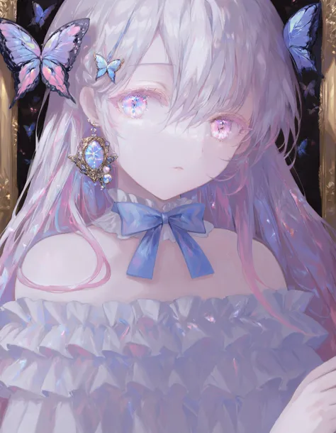 masterpiece, best quality,1girl, solo, white hair, long hair, bow, looking at viewer, upper body, blue bow, blue eyes, pink eyes, bowtie, picture frame, hair between eyes, bug, closed mouth, butterfly, frills, earrings, dress, white dress, colored eyelashes, multicolored eyes, blue bowtie, jewelry, shirt, white shirt, ribbon, blue ribbon, striped bow, hair ornament 
 <lora:HyatsuXLlokr8f-000183:0.95>