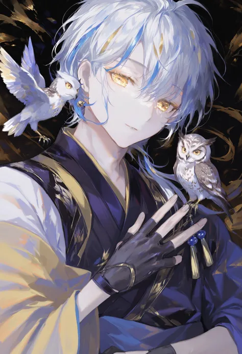 masterpiece, best quality,1boy, bird, yellow eyes, male focus, white hair, gloves, owl, fingerless gloves, multicolored hair, blue hair, solo, black gloves, ahoge, japanese clothes, looking at viewer 
 