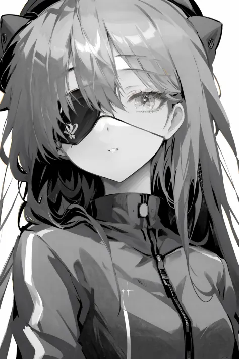 1girl, monochrome, greyscale, solo, hat, eyepatch, souryuu asuka langley, long hair, jacket, looking at viewer, track jacket, ba...