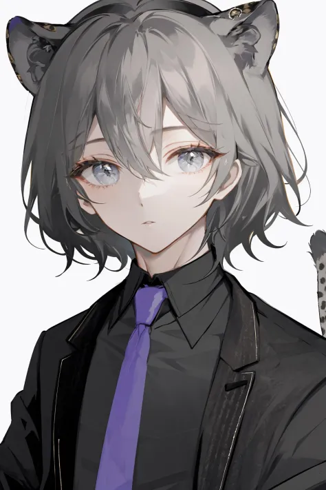 solo, male focus, animal ears, 1boy, leopard ears, looking at viewer, simple background, shirt, white background, necktie, grey hair, hair between eyes, black shirt, bangs, jacket, upper body 
/////////// <lora:HyatsuEX:1>