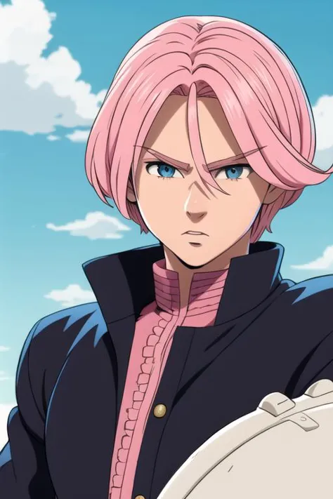 masterpiece, best quality, ultra-detailed, illustration, 1boy, solo, male focus, looking at viewer, , , gilthunder_nanatsu_no_taizai, pink hair, blue eyes, , gakuran