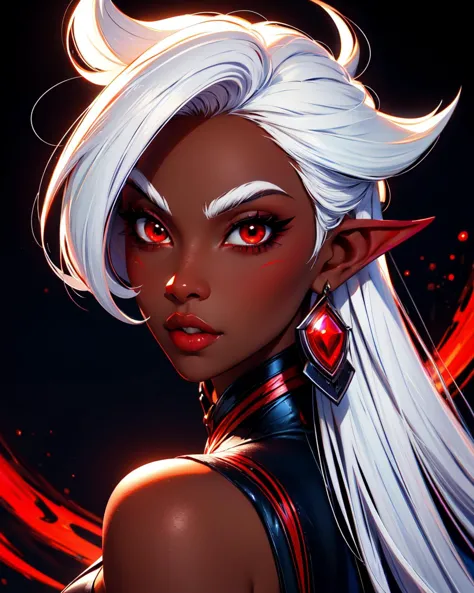 dark elf,red eyes,dark skin,white hair,beauty marks,detailed background,glow, chi, chistyle, style, <lora:chiistyle:0.5>,