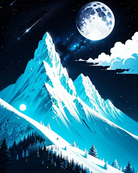 Alps at night,minimalistic landscape,stars,mily way,full moon,monochrome, cute, adorable, bright color, cheerful, highly detailed,glow, chi, chistyle, style, <lora:chiistyle:0.5>,