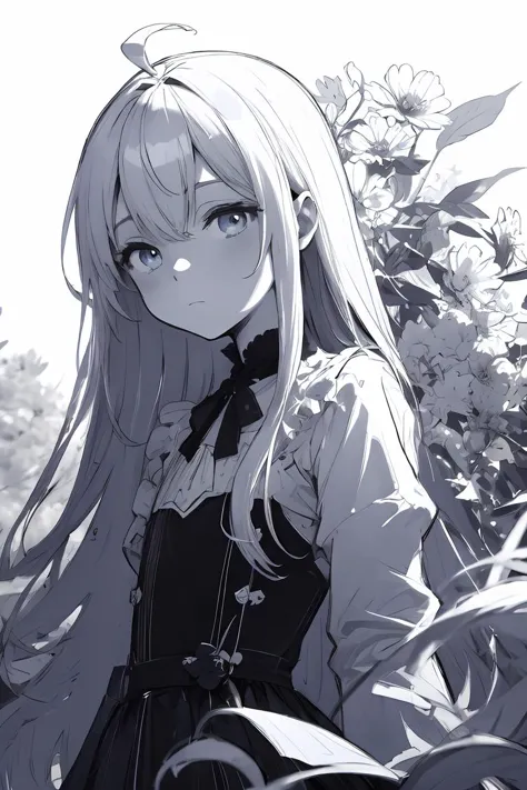 anime girl with long hair and black dress standing in front of flowers