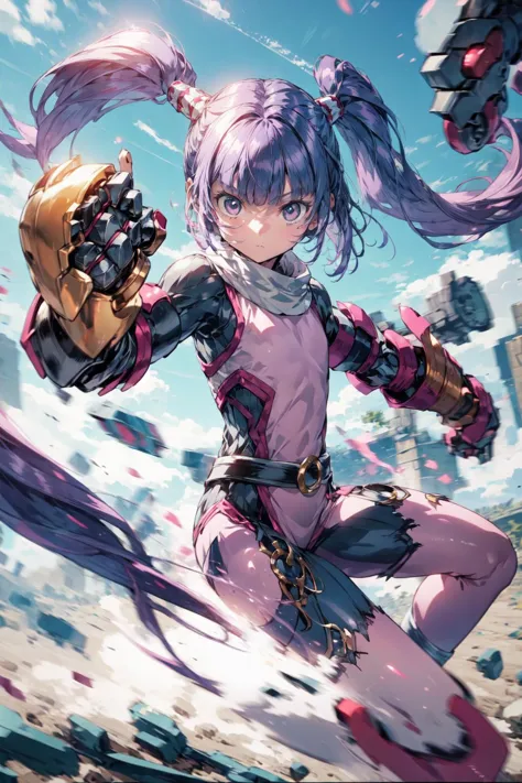 1girl, small girl, solo, <lora:Sophie_TalesOf:0.9>, Sophie_TalesOf, purple hair, long twintails, flat chest, pink bodysuit, outdoors, medieval, dynamic pose, fighting stance, <lora:add_detail:0.7>, <lora:mecha_gauntlets_v11:0.4>, oversized mechanical gauntlets,