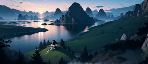 there is a painting of a mountain lake with a house on it