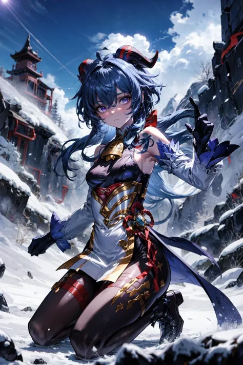 1girl, solo, <lora:Ganyu_Genshin:0.5> Ganyu_Genshin, long hair, blue hair, purple eyes, horns, bare shoulders, neck bell, black pantyhose, detached sleeves, black gloves, pelvic curtain, outdoors, mountain, <lora:add_detail:0.7>, dynamic pose,