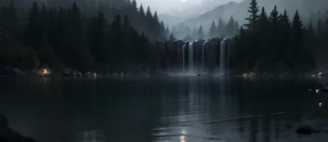 a close up of a lake with a waterfall in the middle of it