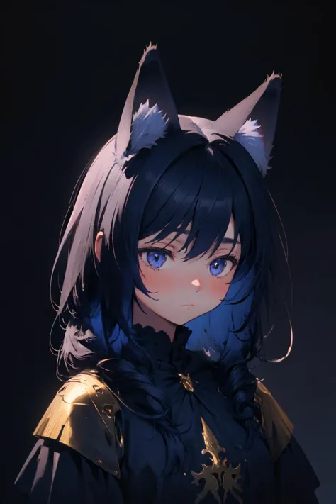 a woman with blue eyes and black hair wearing a cat ears