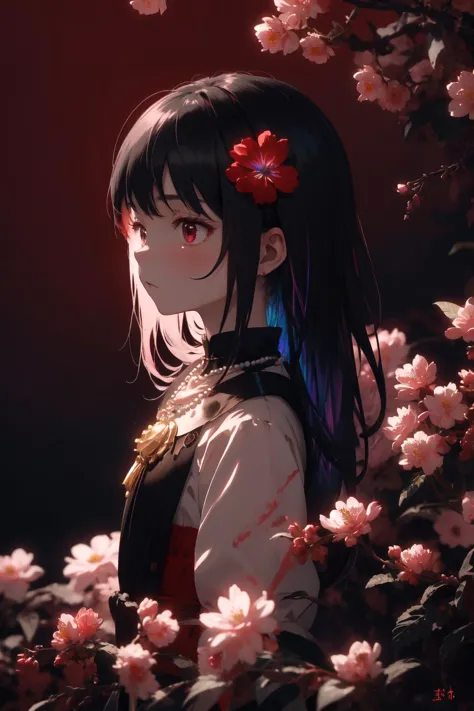 best-quality-masterpiece-highres-solo-1girl-cowboy-shot-standing-arms-at-sides-long-hair-portrait-shade-iridescent-hair-necklace-simple-background-detailed-Dark-Red-theme-bloom-Pop-Kei