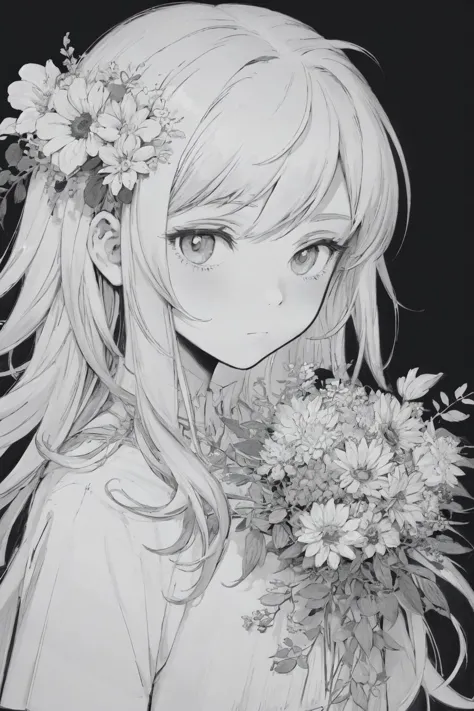 a drawing of a girl with long hair holding flowers