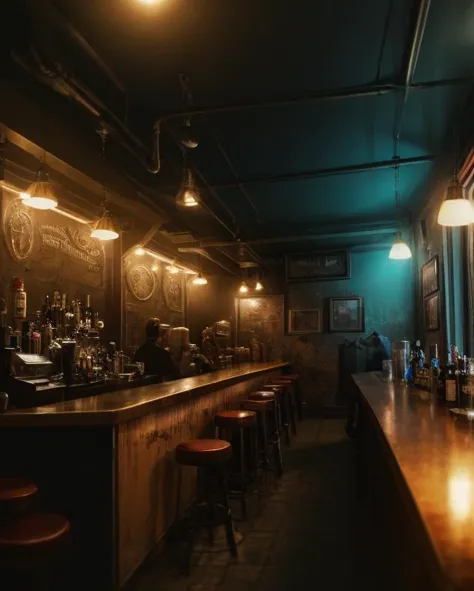 steampunk, dive bar in a techno-optimist,f ar future fantasy topia edge of time, masterpiece, Masterpiece realistic, best high quality, perfect details, intricate details, nice lighting, detailed background,