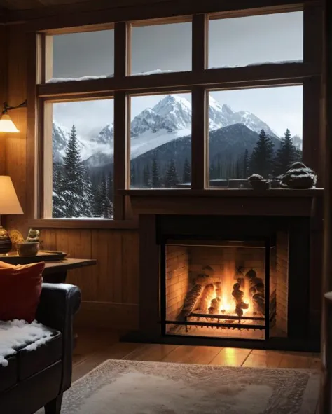 cozy cottage, fireplace, window, snow mountains in the background, Masterpiece realistic, best high quality, perfect details, intricate details, nice lighting, detailed background,