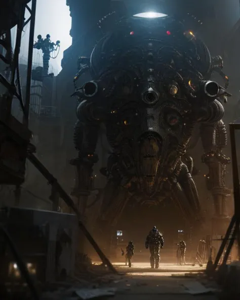 a group of people walking through a dark city with a giant robot