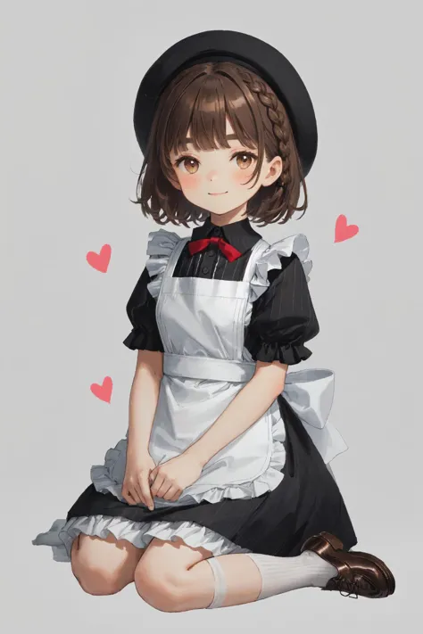 1girl animal apron bangs black_dress black_headwear bow braid brown_eyes brown_footwear brown_hair closed_mouth dress frilled_apron frills full_body grey_background hair_bow hat heart holding kneehighs kneeling looking_at_viewer puffy_short_sleeves puffy_sleeves shoes short_hair short_sleeves simple_background sitting smile socks solo striped vertical_stripes white_apron white_bow white_socks