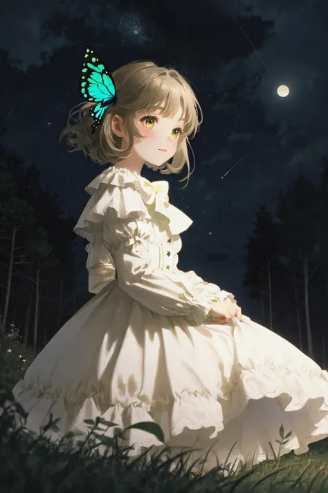 a girl in a white dress sitting in the grass with a butterfly on her head