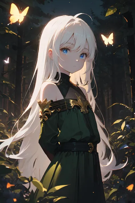 masterpiece, best quality, 1girl, standing, ahoge, white hair, absurdly long hair, blue eyes, (pale skin:0.8), expressionless, flat chest, forest, rocks, solo, (upper body:1.2), looking at viewer, white and green dress, (arms behind back:1.1), golden trim, large sleeves, bare shoulders, tyndal effect, night, (butterflies:1.2), flowers, leaves, highly detailed, detailed background, bokeh