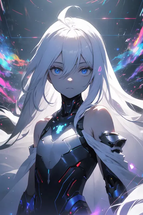 masterpiece, best quality, highres, 1girl, solo, android, (ahoge:1.1), white hair, absurdly long hair, blue eyes, looking at viewer, (pale skin:0.8), flat chest, upper body, blue metal, white outline, (cyberspace:1.2), detailed light, phantasmal, glow, expressionless, half-closed eyes, armored, bare shoulders, white cloak, hari between the eyes, <lora:r1ge - AnimeRage:0.3>