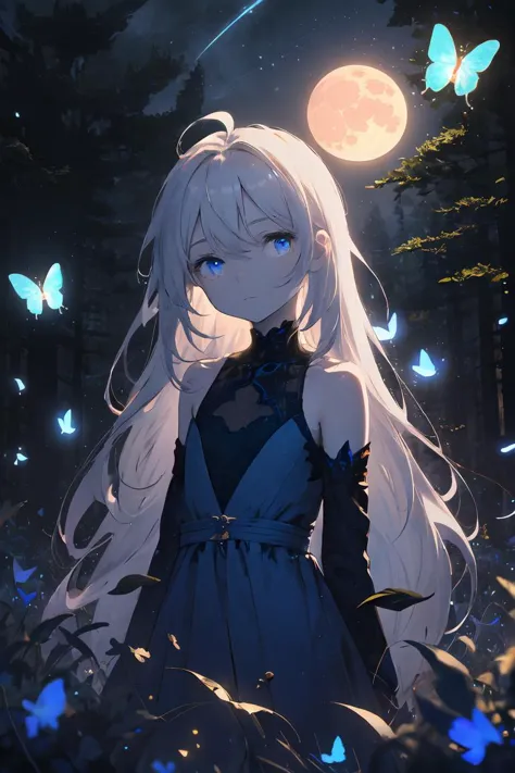 masterpiece, best quality, 1girl, standing, ahoge, white hair, absurdly long hair, blue eyes, (pale skin:0.8), expressionless, flat chest, forest, rocks, solo, (upper body:1.2), looking at viewer, white and blue dress, (arms behind back:1.1), golden trim, large sleeves, bare shoulders, tyndal effect, night, (butterflies:1.2), flowers, leaves, highly detailed, detailed background, bokeh, phantasmal, blue theme, (blue moon:1.2), light particles, headtilt, glow, bloom, black clouds, stars