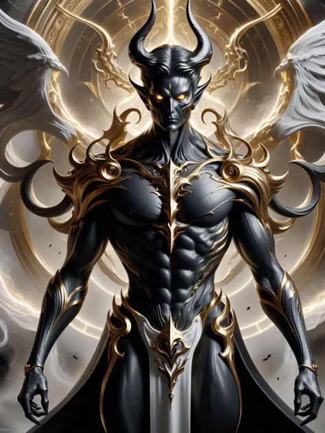 Lucifer biogenético en blanco y dorado, tendencia en artstation, enfoque nítido, foto de estudio, detalles intrincados, muy detallado, por Greg Rutkowski abyssaltech , disolver, abismo ébano dorado