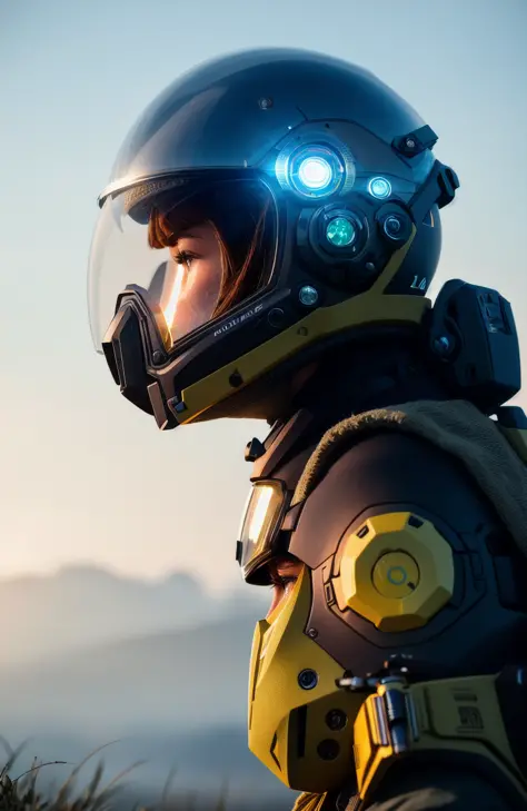 award winning closeup photo of a female (sci-fi explorer:1.3) wearing helmet with hexagonal glass visor, [style-psycho::10], bes...