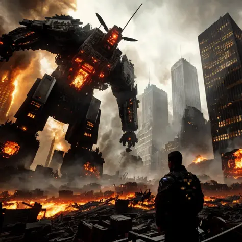 a massive cyborg monster destroying Manhattan, apocalyptic ruins in flames, helicopters circling, dystopian destruction