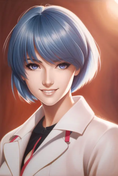 masterpiece portrait of smiling rei ayanami \(evangelion\), evangelion \(hideaki\), caustics, textile shading, high resolution i...