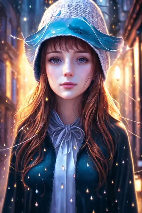 (extremely detailed CG unity 8k wallpaper), a beautiful young woman in the rain with (whale hat:1.2), sundress, medieval alley with fireflies and lanterns, Style-Autumn, Style-Glass, (((surrealism))), full body portrait, dramatic, backlit, volumetric lighting, detailed face, highly detailed, painting