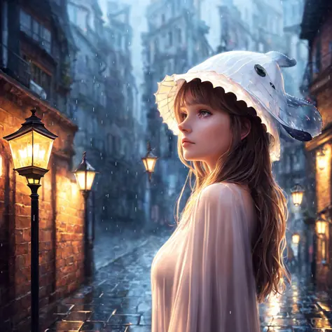 (extremely detailed cg unity 8k wallpaper), a beautiful young woman in the rain with (whale hat:1.2), sundress, medieval alley w...