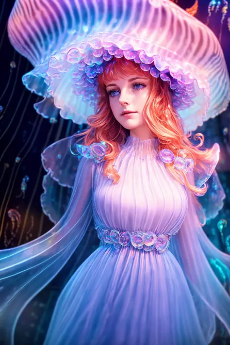 (extremely detailed CG unity 8k wallpaper), a beautiful young woman in the rain with (jellyfish hat:1.2), sundress, (Style-Empire), (Style-Glass:1.15), medieval streets, (((surrealism))), full_body_shot, dramatic, backlit, volumetric lighting, detailed face, highly detailed, painting