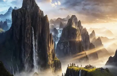 award winning photo of a beautiful landscape with a [mountainous horizon], (light rays), waterfall, magnificent, luxury, detaile...