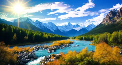 detailed background, masterpiece, best quality, scenery, mountains, river, forest, sun, day, clouds