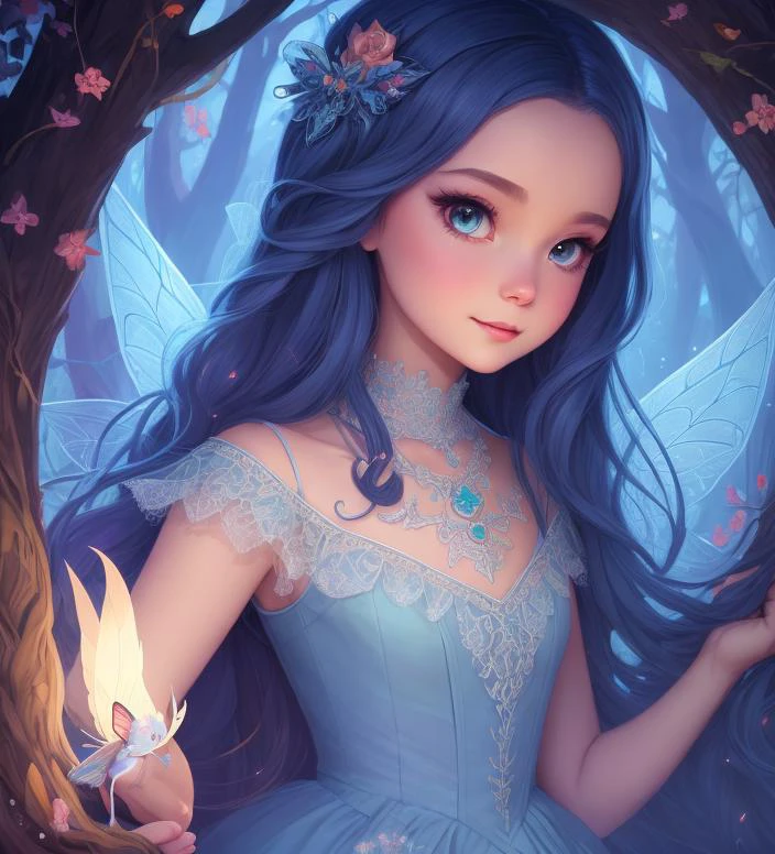 A girl with blue hair and a fairy dress holding a fairy wand - SeaArt AI