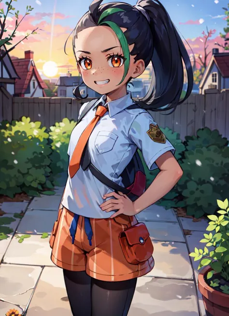 ((best quality)), ((highly detailed)), absurdres, detailed face, beautiful face, (detailed eyes, deep eyes), (1girl), dynamic pose, cowboy shot, nemona (pokemon), green streaked hair, long hair, ponytail, orange eyes, freckles, dark-skinned female, grin, , collared shirt, orange necktie, orange shorts, black pantyhose, single glove, (outside, in a garden, sunset, snowing)