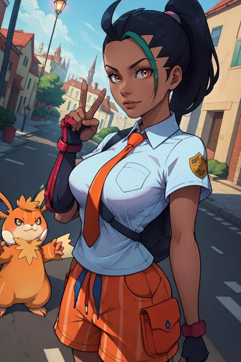 a woman in a uniform holding a pokemon sword and pointing at a cat