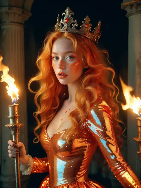 a woman in a gold dress holding a torch in her hand