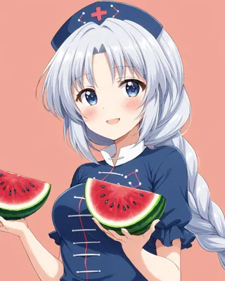 anime girl with white hair holding two slices of watermelon