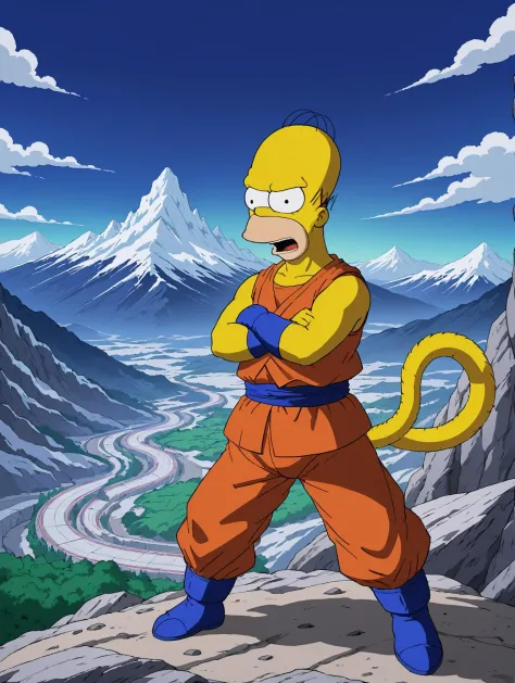 (best quality, high quality:1.3),(homer simpson:0.3),
ohwx man,anime character,dragon ball z style,mountains,detailed background...