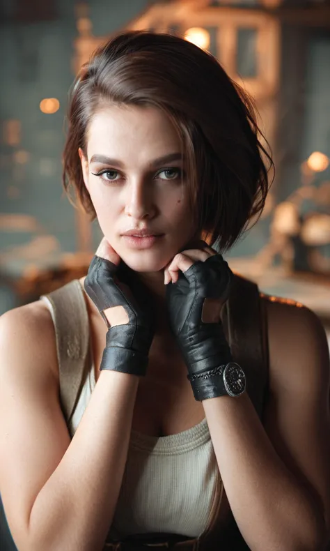 score_9, score_8_up, score_7_up, break, zy_jillvalentine, 1girl, short hair, brown hair, jewelry, black gloves, fingerless glove...