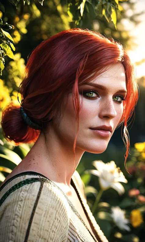 score_9, score_8_up, score_7_up, BREAK, zy_triss, red hair, 1girl, freckles, green eyes, portrait, realistic, photo, real hair, detailed skin, sunset, flowers, nature, highly detailed, detailed skin, depth of field, film grain, <lora:zy_Triss_Merigold_PonyRealism_v1:.75>