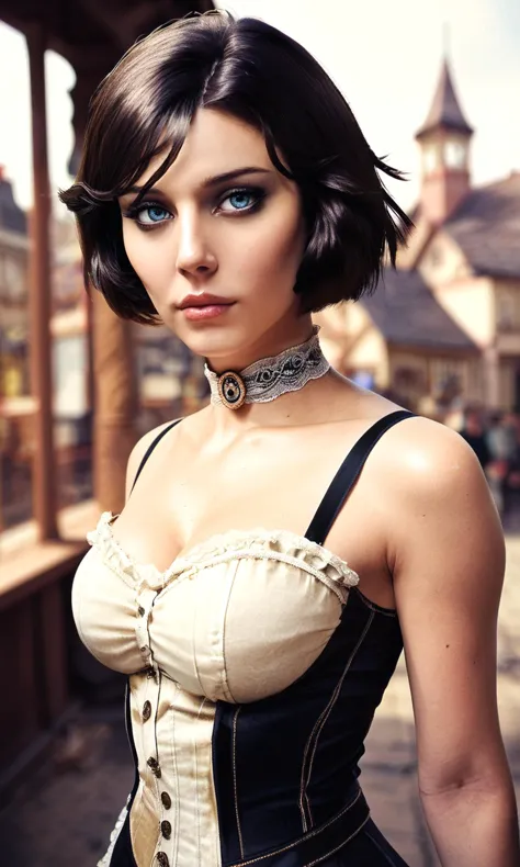 score_9, score_8_up, score_7_up, BREAK, zy_elizabeth, 1girl, blue eyes, short hair, brown hair, choker, black hair, portrait, realistic, photo, real hair, detailed skin, steampunk, town, highly detailed, detailed skin, depth of field, film grain, <lora:zy_Elizabeth_PonyRealism_v1:0.65>