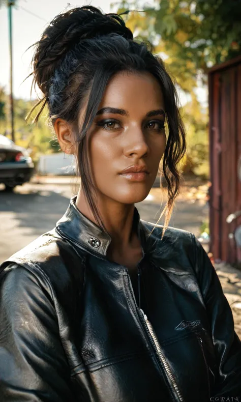 score_9, score_8_up, score_7_up, BREAK, rating_safe, zy_panam, 1girl, black hair, brown eyes, hair bun, leather motorsport jacket, dark skin, garage, realistic, photo, real hair, detailed skin, highly detailed, detailed skin, depth of field, film grain, <lora:zy_Panam_PonyRealism_v1:.7>