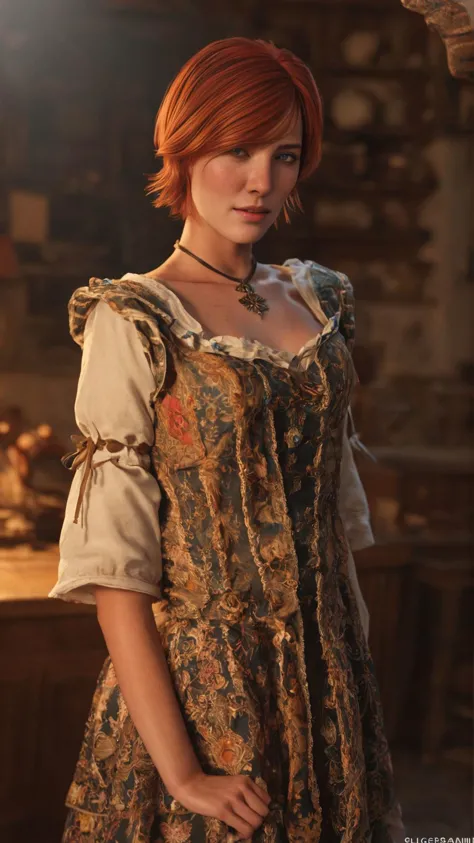 Shani, the witcher 3score_9, score_8_up, score_7_up, source_photo, <lora:detailed_notrigger:1>, (Film Still:1.3) ,<lora:JuggerCineXL2:1>,epiCRealism, hyperrealism, zy_shani, 1girl, short hair, red hair, jewelry, freckles, portrait, realistic, photo, real hair, detailed skin, medieval fantasy, porch, sunny, highly detailed, detailed skin, depth of field, film grain, <lora:zy_Shani _PonyRealism_v1:0.7>