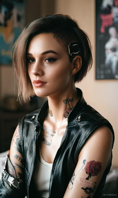 score_9, score_8_up, score_7_up, break, zy_judy, 1girl, tattoo, short hair, futuristic, wearing leather jacket, bedroom, portrai...