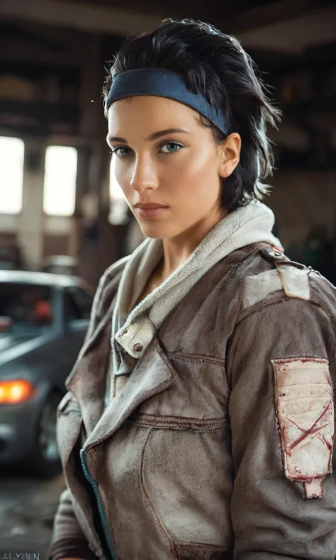 score_9, score_8_up, score_7_up, BREAK, zy_alyx, 1girl, black hair, short hair, gloves, jacket, headband, portrait, realistic, photo, real hair, detailed skin, garage, highly detailed, detailed skin, depth of field, film grain, <lora:zy_Alyx_PonyRealism_v1:0.75>