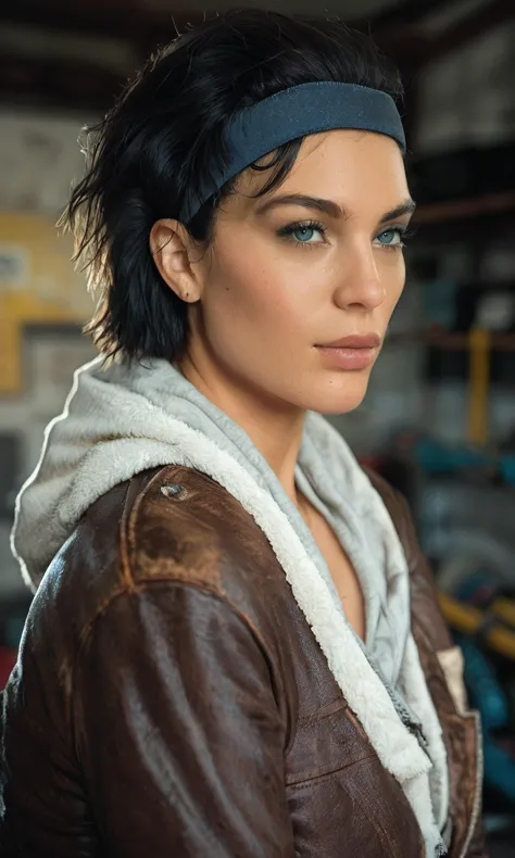 score_9, score_8_up, score_7_up, BREAK, zy_alyx, 1girl, black hair, short hair, gloves, jacket, headband, portrait, realistic, photo, real hair, detailed skin, garage, highly detailed, detailed skin, depth of field, film grain, <lora:zy_Alyx_PonyRealism_v1:0.75>