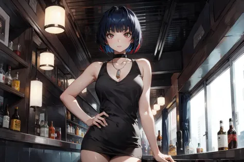 anime girl in black dress standing in a bar with a bottle of liquor