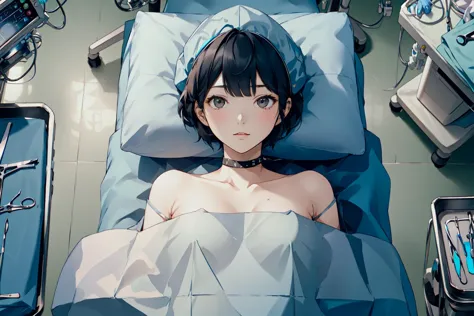 anime scene of a woman laying in a hospital bed with a nurse